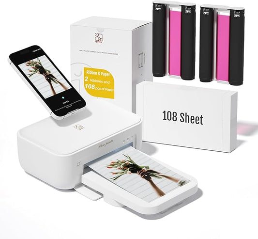 HPRT Photo Printer 4x6 with 108 Sheet Photo Paper& 2 Ribbon, Instant Picture Printer for iPhone, Smartphone, Thermal Dye Sublimation, WI-Fi Connnecting, Home Use, White-DeskLoop Office