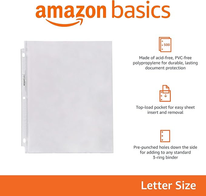 Amazon Basics Sheet Protectors for 3 Ring Binder, Heavyweight, Polypropylene, 8.5 x 11 Inch, 500-Pack, Clear-DeskLoop Office
