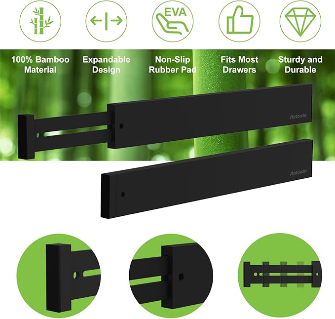 ANTOWIN Bamboo Drawer Dividers Organizers, Expandable Drawer Separators Splitter,17-22 inches Long Adjustable Spring-loaded Organizer for Large Utensil, Clothes, Tools Drawers (Black)-DeskLoop Office