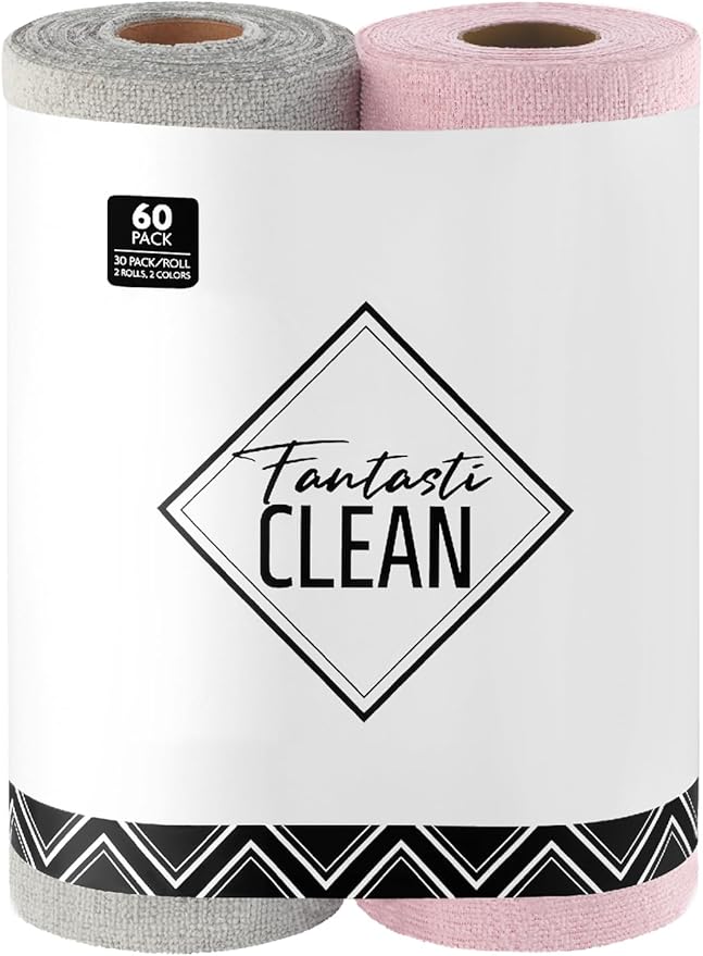 Fantasticlean Microfiber Cleaning Cloth Roll -60 Pack, Tear Away Microfiber Towels, 12" x 12", Reusable, Washable, Scratch Free, Ultra Absorbent Dish Rags for Car, Home, Garage or Shop (Pink & Grey)-DeskLoop Office