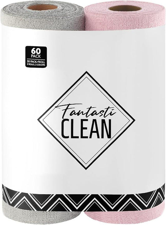 Fantasticlean Microfiber Cleaning Cloth Roll -60 Pack, Tear Away Microfiber Towels, 12" x 12", Reusable, Washable, Scratch Free, Ultra Absorbent Dish Rags for Car, Home, Garage or Shop (Pink & Grey)-DeskLoop Office