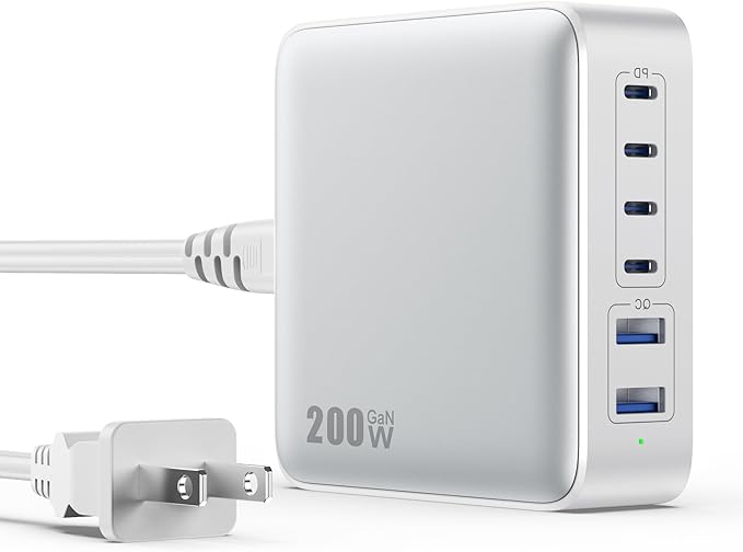 USB C Charger Block 200W[2025 Upgraded] GaN III 6 Port Fast Charging Station Hub,PD 65W USB C Laptop Charger Compatible with MacBook Pro/Air,iPad,iPhone 16/15,Galaxy S23/S24 Steam Deck Dell XPS etc-DeskLoop Office