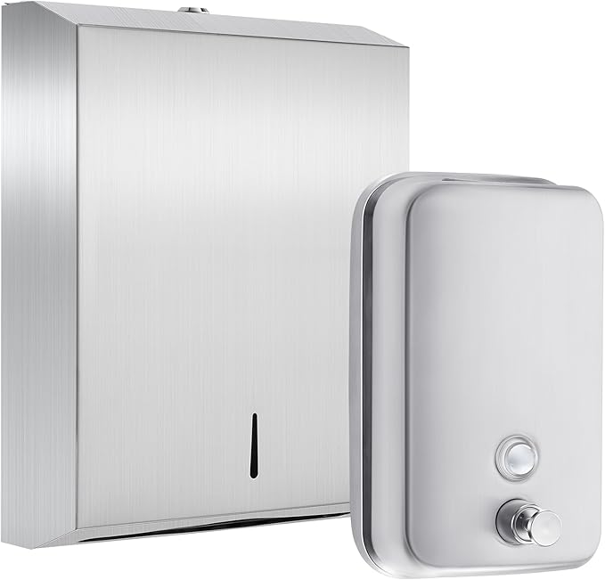 2 Pcs Commercial Soap Dispenser and Paper Towel Dispenser Set with Lock-Stainless Steel,Wall Mount,Large Capacity Manual Liquid Pump Rust Proof Leak Free for Commercial Home Bathroom-DeskLoop Office