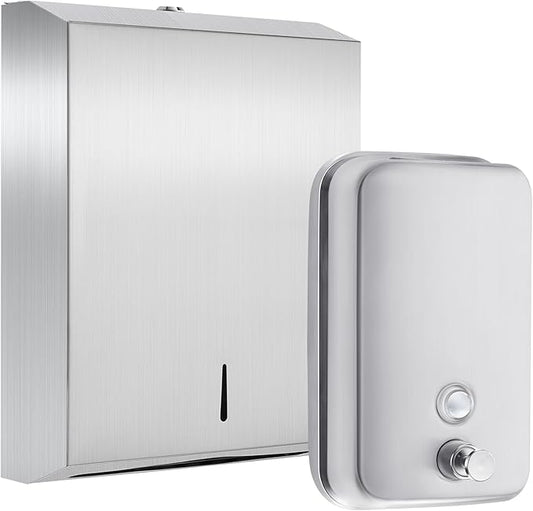 2 Pcs Commercial Soap Dispenser and Paper Towel Dispenser Set with Lock-Stainless Steel,Wall Mount,Large Capacity Manual Liquid Pump Rust Proof Leak Free for Commercial Home Bathroom-DeskLoop Office