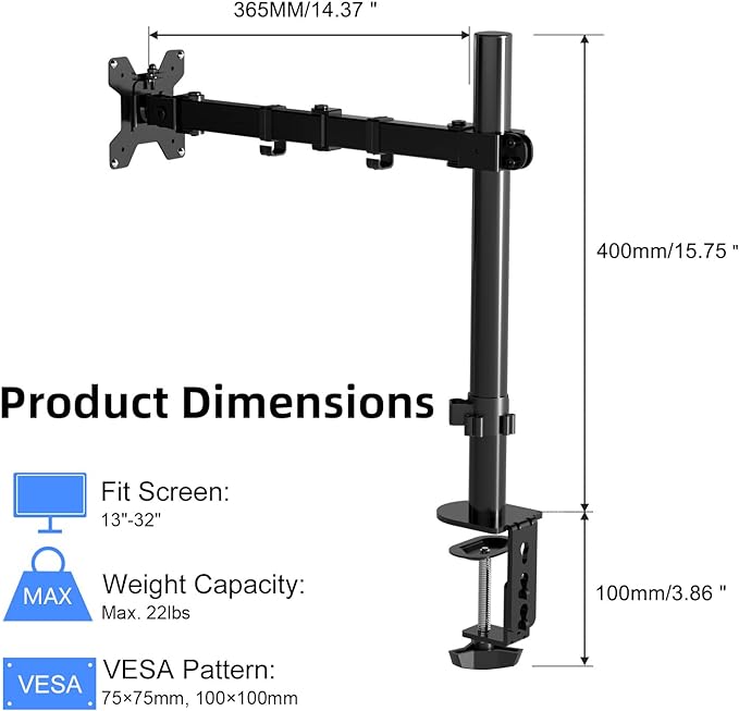 Pholiten Single Monitor Arm Desk Mount, Holds Screens up to 32 inch,Holds Up to 22lbs,Fully Adjustable Stand with C-Clamp and Grommet Base,100x100 Vesa Monitor Stand-DeskLoop Office