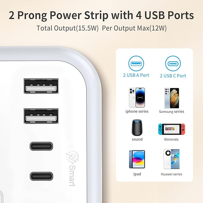 NTONPOWER 2 Prong Power Strip, 1875W/15A 2 Prong to 3 Prong Outlet Adapter, Surge Protector Power Strip with 4 USB Ports(2 USB C), 5 FT Rotating Flat Plug Extension Cord for Old House, Wall Mount-DeskLoop Office