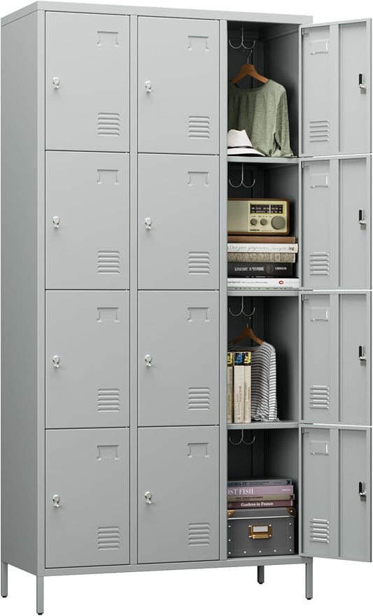Metal Lockers for Employees with 12 Door & Hooks,Metal Storage Locker with Lock and Card Slot for School Office Garage Gym Bedroom Home,Assembly Required,12 Doors Light Grey-DeskLoop Office