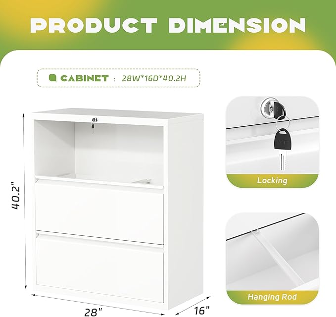 Superday Lateral File Cabinet 3 Drawer Metal File Cabinet with Lock, White Filing Cabinets for Home Office, Locking Filing Cabinets Hanging Files Letter/Legal/F4/A4-DeskLoop Office