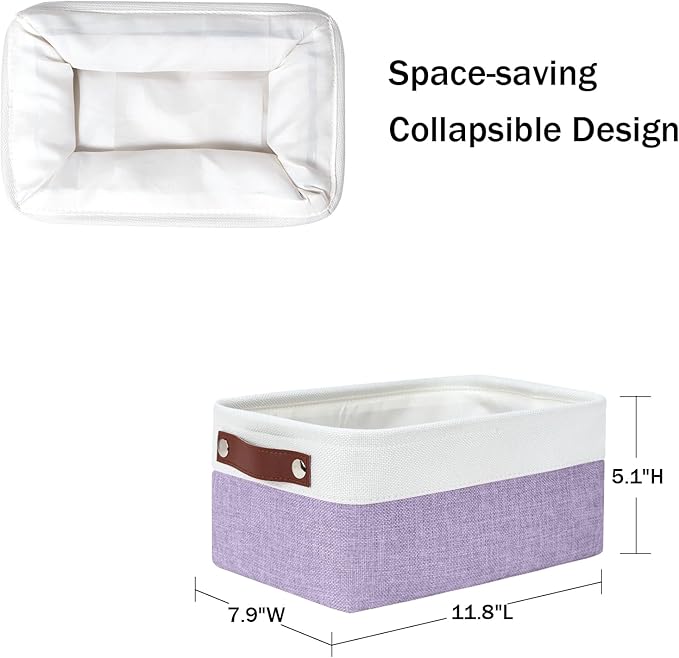 DULLEMELO Small Storage Baskets 6 Pack, Fabric Collapsible Gift Storage Baskets for Shelves, Closets, Nursery, Home, Office Organizing,Small Canvas Linen Rectangular Storage Bins (White&Purple)-DeskLoop Office
