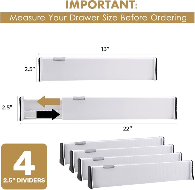 RAPTUROUS Adjustable Drawer Dividers 4 Pack, 2.5" High, 13-22" Long, Dresser - Image 2