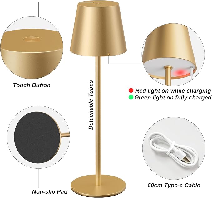 Kakanuo Cordless Table Lamp Rechargeable Gold - Image 5