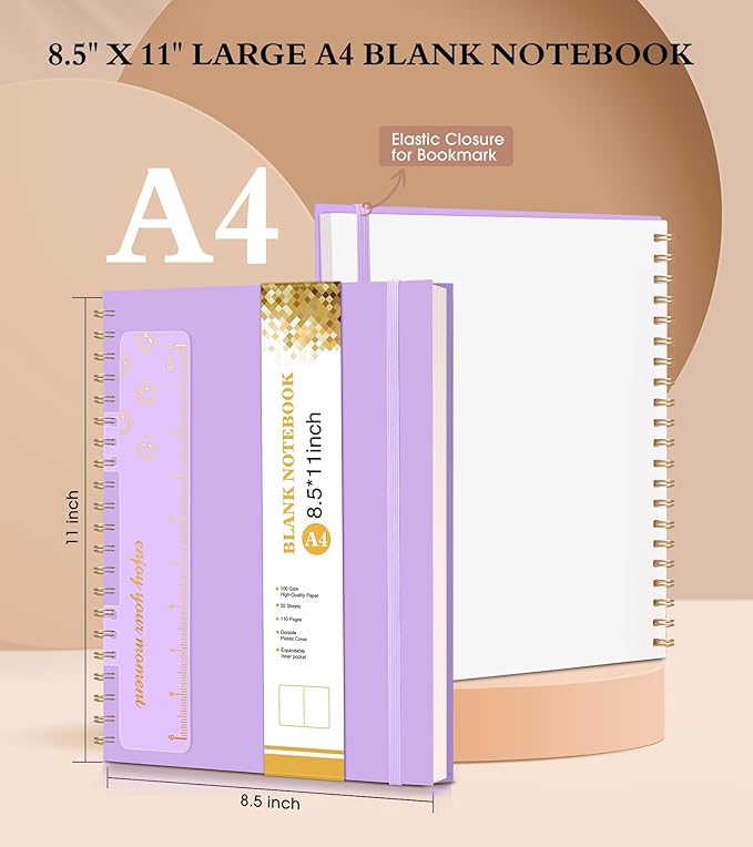 Blank Spiral Notebook Journal 8.5” x 11”, A4 Large Sketch Book for Women Men, 100 GSM Blank Paper Drawing Notebook, Plastic Hardcover Spiral Bound Sketchbook for Sketching Work School Writing, Purple-DeskLoop Office