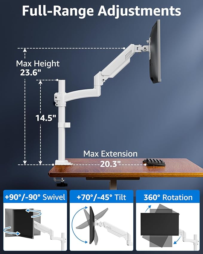 Single Monitor Arm Holds 4.4-22lbs, Monitor Stand for Desk, Height Adjustable Monitors Mount for 32 27 24 22inch, Full-Motion Monitors Desk Mount with C-Clamp＆Grommet Base, Freelift White-DeskLoop Office