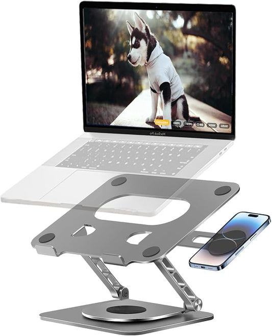 Laptop Stand for Desk Adjustable Height, Laptop Riser for Desk Adjustable Height 360° Rotating, Laptop Holder with Magnetic Compatible Phone Holder, 10-17.4" Laptops