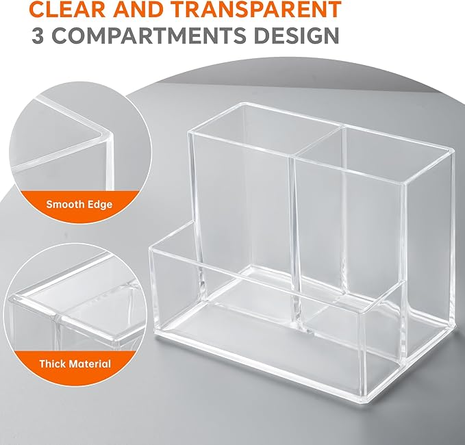 Pen Holder for Desk, Clear Acrylic Pencil Holder for Desk, Marker Holder with 3 Compartments, Pencil Organizer for Home, Office, Classroom, Bathroom-DeskLoop Office