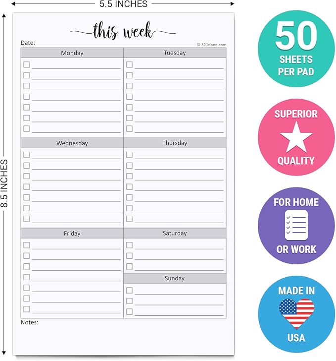 321Done Weekly Checklist Notepad, 5.5x8.5 Size Pad - Image 2