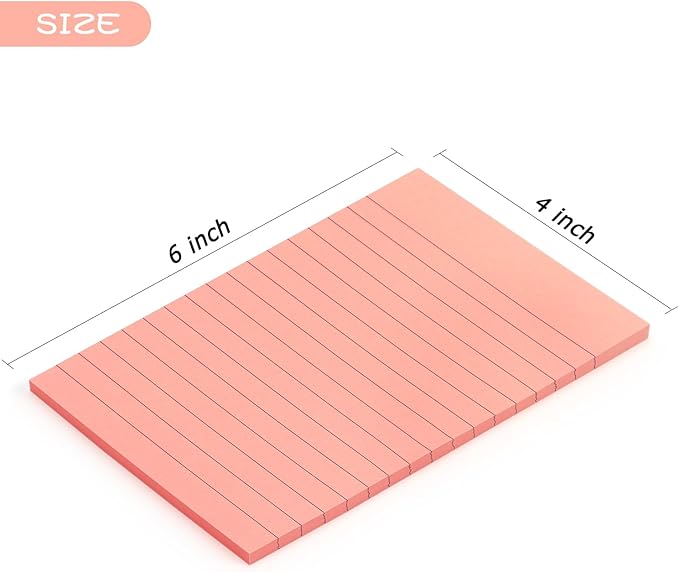 Early Buy 6 Pads Lined Sticky Notes with Lines 4x6 Self-Stick Notes Bright Color Sticky Notes, 45 Sheets/Pad (Pink)-DeskLoop Office