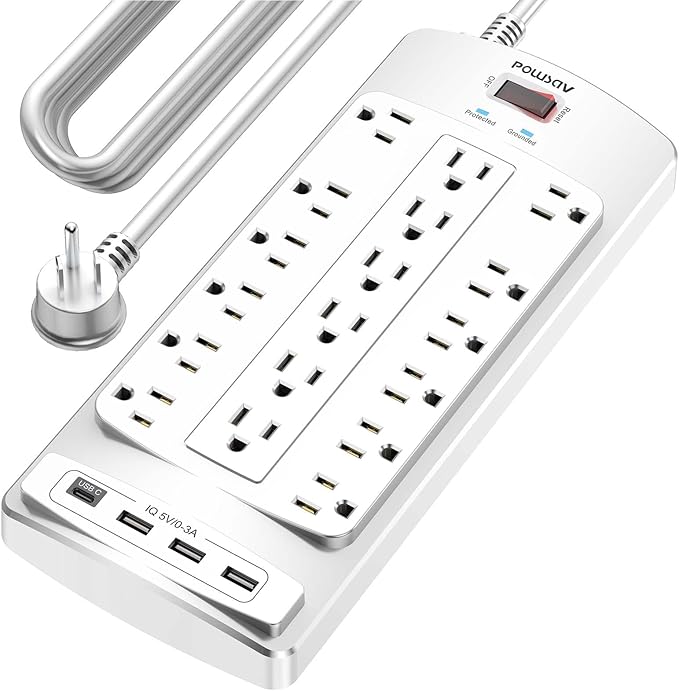 18 Outlets Surge Protector Power Strip - 20 Feet Flat Plug Heavy Duty Extension Cord with 18 Widely Outlets and 4 USB Ports, 2100 Joules, White, ETL Listed-DeskLoop Office