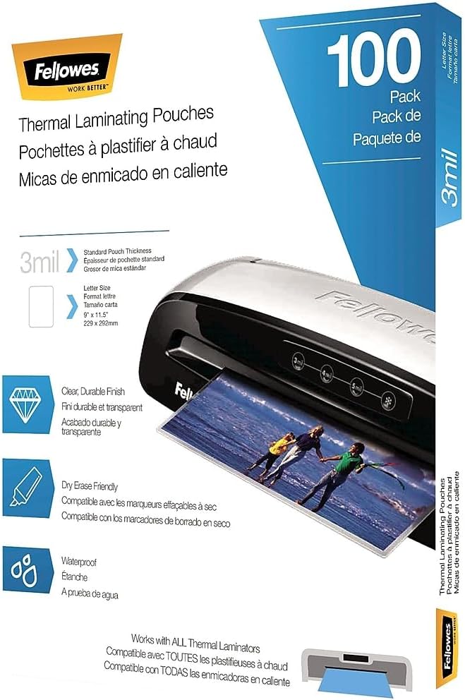 Fellowes Thermal Laminating Pouches/Sheets, Letter Size 9 x 11.5-Inches, 3 mil, 100 Pack (5743301)-DeskLoop Office