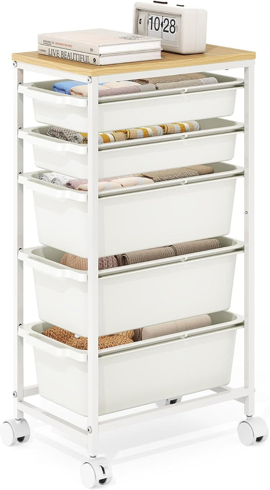 Slim Rolling Storage Cart with 5 Drawers, Craft Organizer, Wooden Tabletop by KINGBOARD