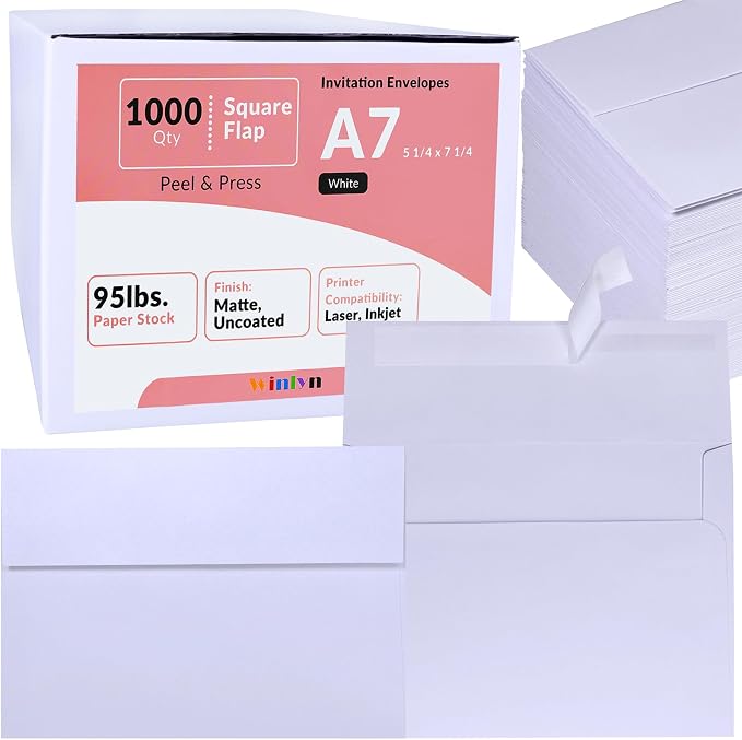 Winlyn 1000 Pcs White A7 Invitation Envelopes 5 1/4 x 7 1/4 Square Flap by Winlyn