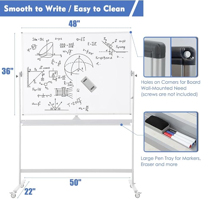 FORTUNO Magnetic Mobile Whiteboard 48"x36", Rolling Double Sided Dry Erase Board with Stand, Reversible Adjustable Height/Angle Easel White Board on Wheels 4' x 3' for Office Classroom Home-DeskLoop Office