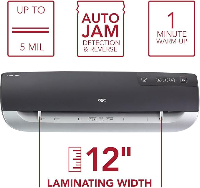 GBC Thermal Laminator Machine, Fusion 3000L, 12 Inch, 1 Min Warm-up, 3 or 5 Mil, with 30 EZUse Laminating Pouches (1703075)-DeskLoop Office