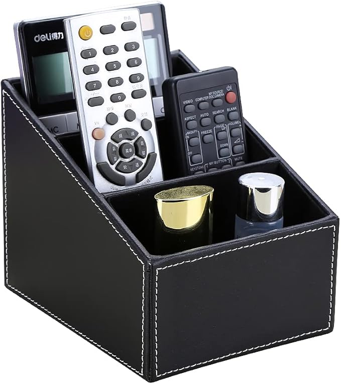 KINGFOM Remote Control Holder with 3 Compartments Pu Leather Remote Caddy Desktop Organizer Store Brush, Pencil, TV Guide, DVD, CD, Blu-Ray, Media Player, Heater Controllers(Black)-DeskLoop Office