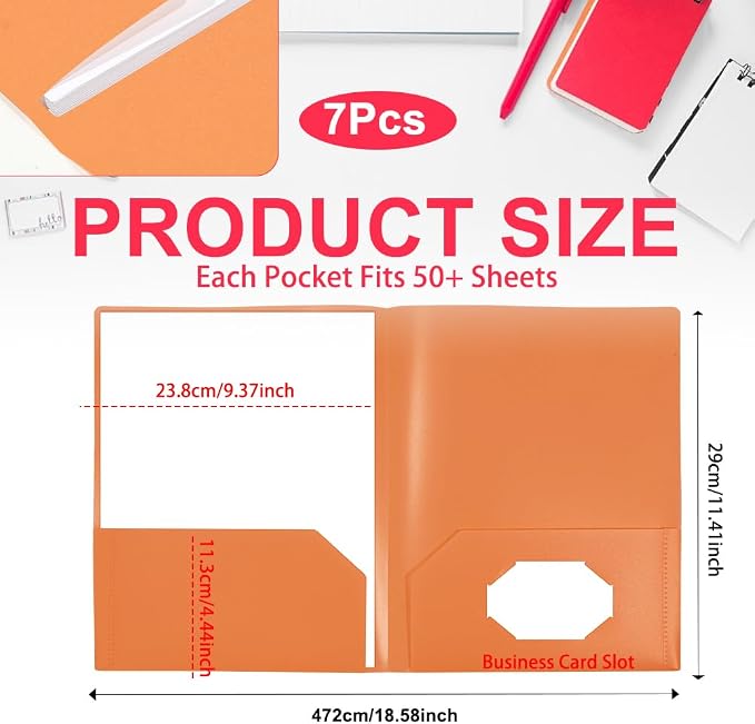 Orange Folders with Pocket 7 Pack, 2 Pocket File Folders Bulk, Plastic Paper - Image 2