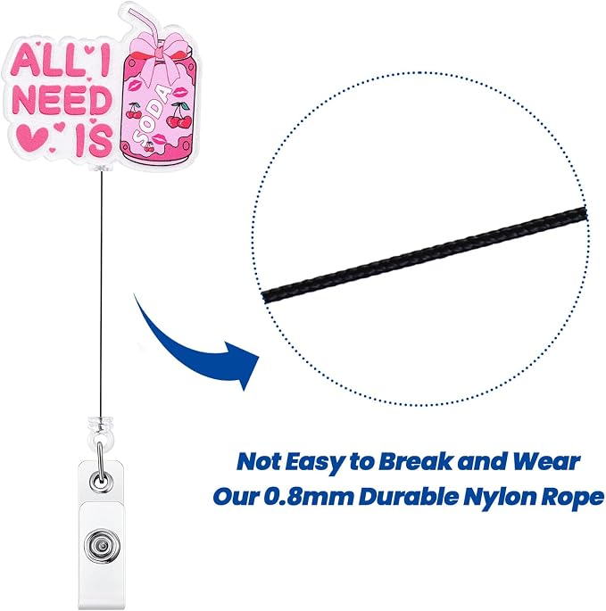 All I Need is Soda Funny Nurse Badge Reel, Cute Pink Bow Cherry Retractable ID - Image 5