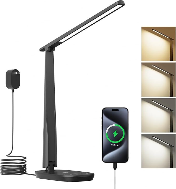 HONEYWELL Desk Lamp for Home Office, Dimmable LED Desk Light with USB A+C Dual Charging, 4 Modes Brightness Touch Lamp with Timer, Eye Caring Foldable Reading Light, Table Lamp for Study Nightstand-DeskLoop Office