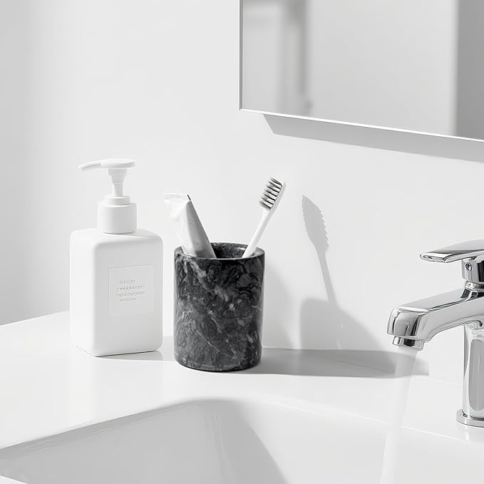 WORHE Pen Holder Stand Italy Natural Premium True Marble Makeup Brush Holders, Tableware Organizer Desk Pencil Cup for Home Office School Decor Dark Grey (DL012)-DeskLoop Office