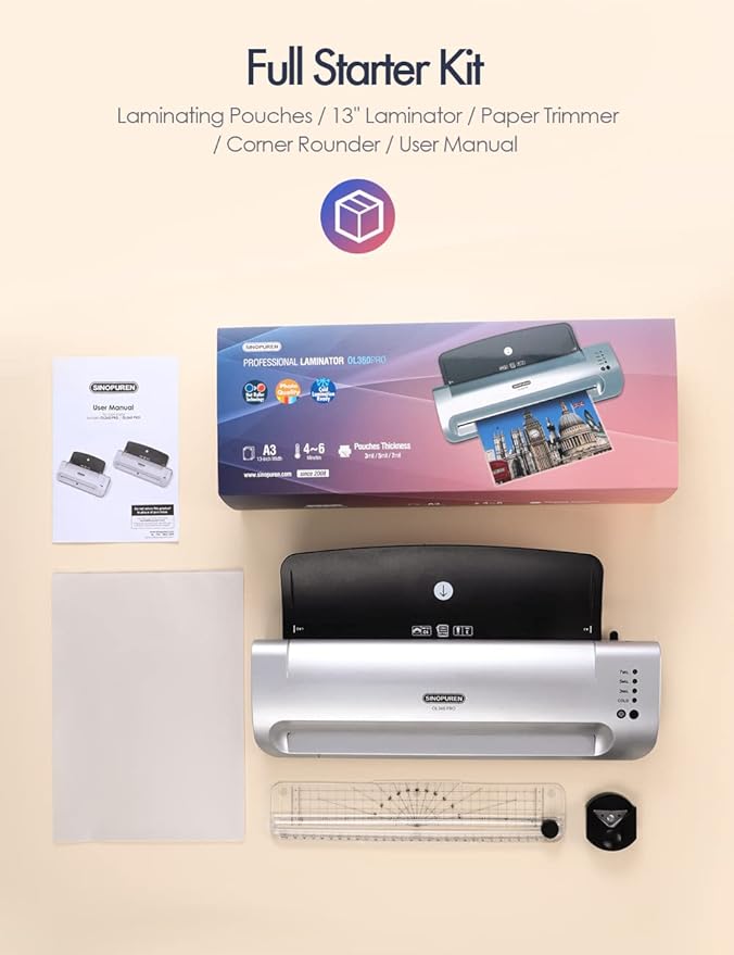 Laminator Machine, SINOPUREN 13-inch Thermal Laminator, with Paper Trimmer, Corner Rounder, 10 Pouches Sheets, Quick Warm-Up, Cold and Hot Laminating for Home/School/Office-DeskLoop Office