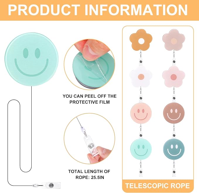 Whaline 8Pcs Light Boho Flower and Smile Acrylic Retractable Badge Holder - Image 3