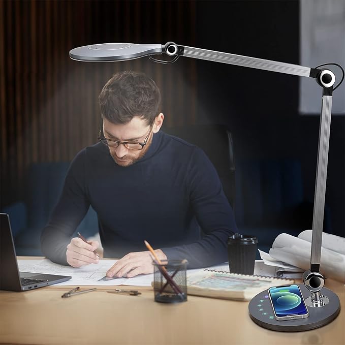 Desk Lamp,Led Architect Desk Lamp,Desk Lamps for Home Office,Table lamp with Wireless Charger & Adjustable Swing Arm,Touch Control, 3 Lighting Mode,5 Brightness,Eye-Caring Office Lamp-DeskLoop Office