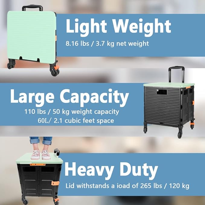 FELICON SELORSS Foldable Utility Cart Folding Portable Rolling Crate-Green | - Image 3