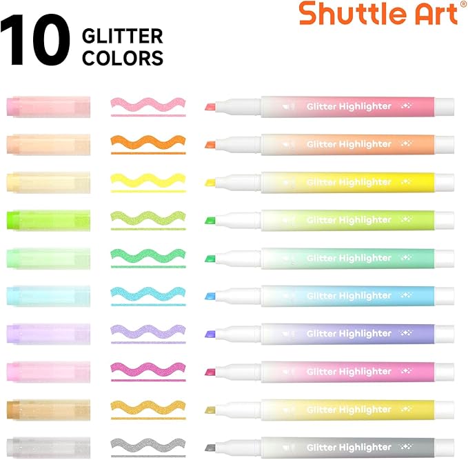Glitter Highlighters, Shuttle Art 10 Sparkle Colors Chisel Tip Fluorescent Markers, Quick-Dry Non-Toxic Aesthetic Shimmer Highlighter Pens for Kids Teens Adults, Perfect for School Office Art Supplies-DeskLoop Office