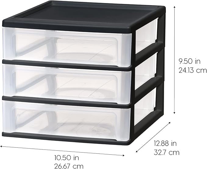 IRIS USA Plastic Stacking Desk Top 3-Drawer Storage Organizer, 1-Pack, for Makeup Vanity Nail Polish Bathroom Stationery Art Craft Supplies Kitchen Office Garage and Small Organization, Medium, Black-DeskLoop Office