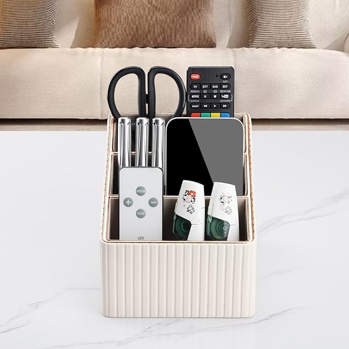 KINGFOM Remote Control Holder with 3 Compartments, Pu Leather Remote Caddy Desktop Organizer for TV, CD, Blu-Ray, Media Player, Heater Controllers and Cosmetics Office Supplies Light Beige-DeskLoop Office