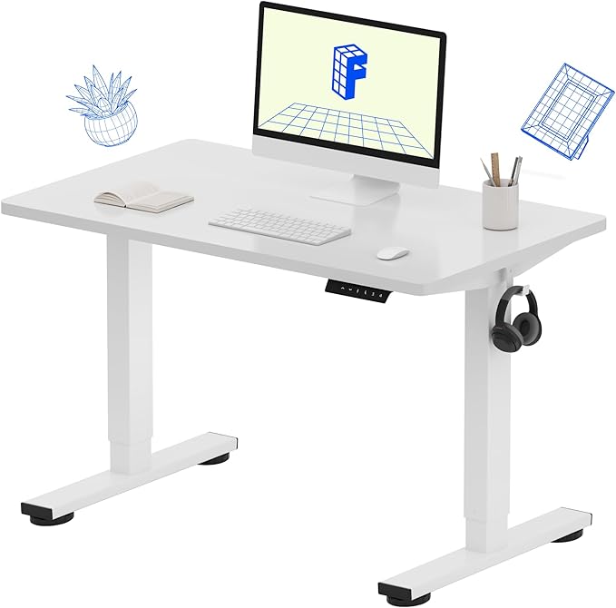 FLEXISPOT EN1 One-Piece Adjustable Height Desk 40 x 24 Inches Whole Piece Desktop Small Standing Desk for Small Space Electric Sit Stand Home Office Table (White Frame + White Desktop)-DeskLoop Office