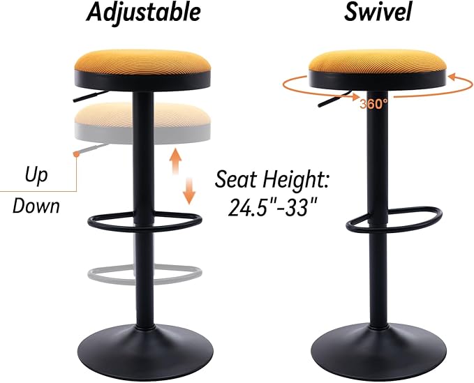 Round Swivel Counter Height Bar Stools Set of 1 Modern Adjustable Barstools Backless Corduroy Bar Chairs Industrial Island Chairs with Metal Base/Footrest for Kitchen Island/Pub, Yellow-DeskLoop Office