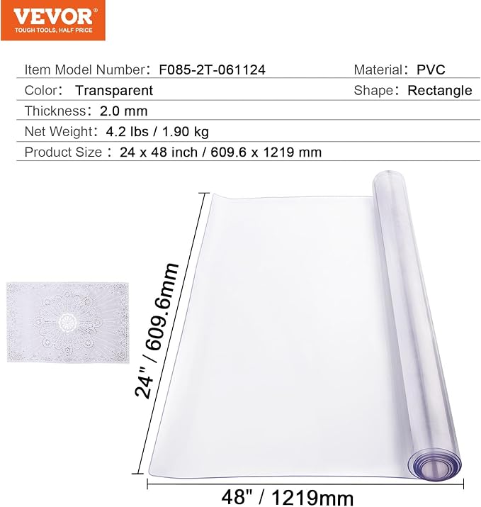 VEVOR Plastic Table Cover, 24 x 48 Inch 2.0 mm Thick Clear PVC Desk Mat - Image 7
