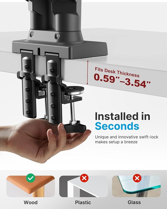 HUANUO Dual Monitor Stand - Full Adjustable Monitor Desk Mount Swivel Vesa Bracket with C Clamp, Grommet Mounting Base for 13 to 32 Inch Computer Screens - Each Arm Holds 4.4 to 19.8lbs -Grey-DeskLoop Office