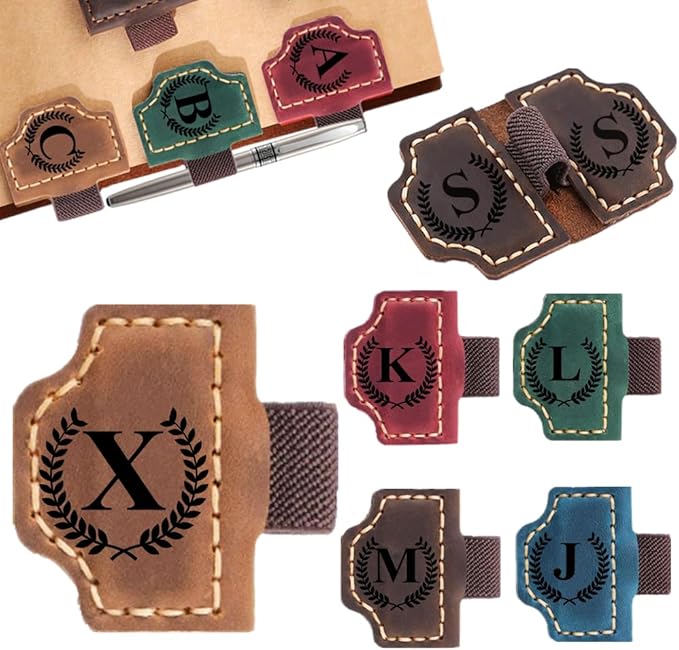 Custom Bookmark with Pen Holder with 26 Letters Personalized Magnetic Leather Book Mark, Customized Name Book Marker Clip with Initial for Men Women, Gifts for Book Lovers, Readers, (Brown, X)