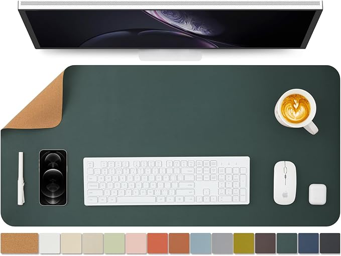 Cork Desk Mat - Dual-Sided Desk Pad for Office and Home - Desk Organization and Accessories - Ideal for Large Mouse Pad and Desk Mats on Top of Desks(Dark Green,90cmx 43cm)-DeskLoop Office
