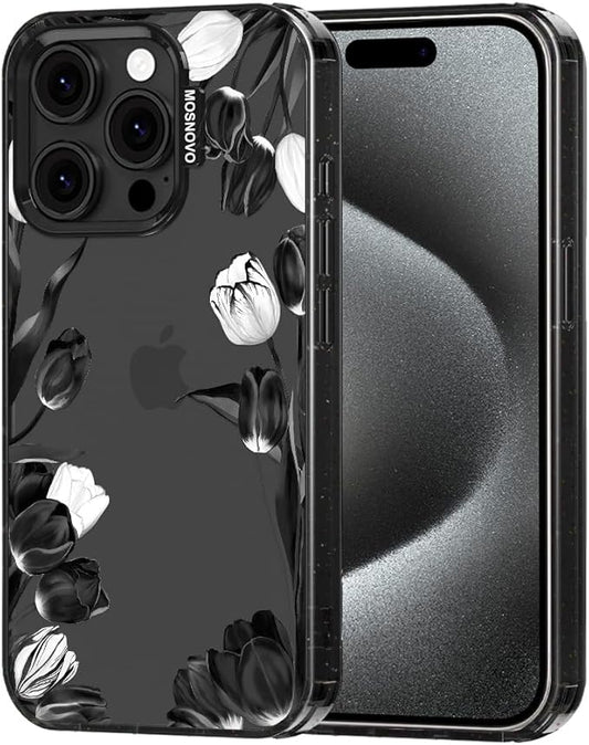 MOSNOVO Case for iPhone 15 Pro, [10ft 4X Military-Grade Drop Protection] Durable & Shockproof Phone Case Cover Design for iPhone 15 Pro - Black White Tulips - Clear Black-DeskLoop Office