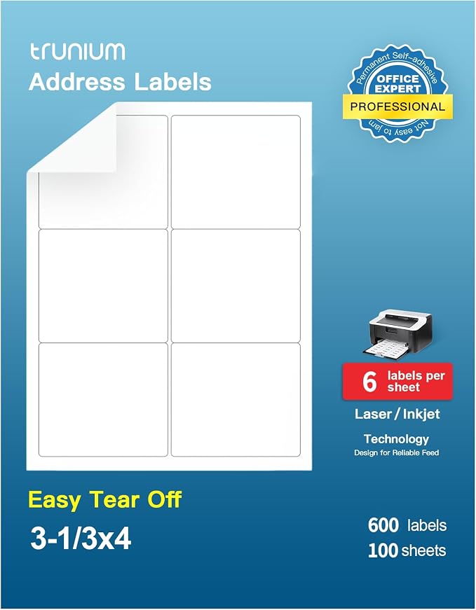 Address Labels, 3-1/3"x4 Shipping Address Labels by TRUNIUM
