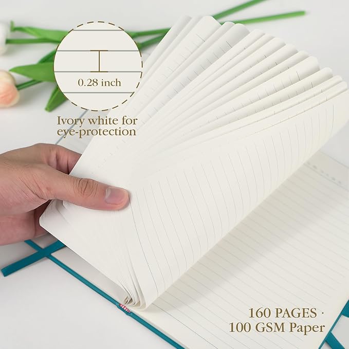A5 Lined Journal Notebook - 100 GSM Thick Paper, Hardcover Journaling Notebook for Writing, Work, Travel, College Ruled Journal for Women Men, PU Leather Note Book, 5.5”x8.3”- Pacific Green-DeskLoop Office