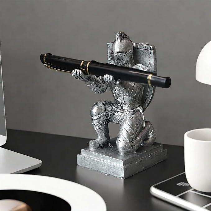 Resin Soldier Shield Knight Decor Statue Pen Holder Base for Desk, Desktop Organizer Pencil Stand Display for Office, School, Home, as Gift for Men Father-DeskLoop Office