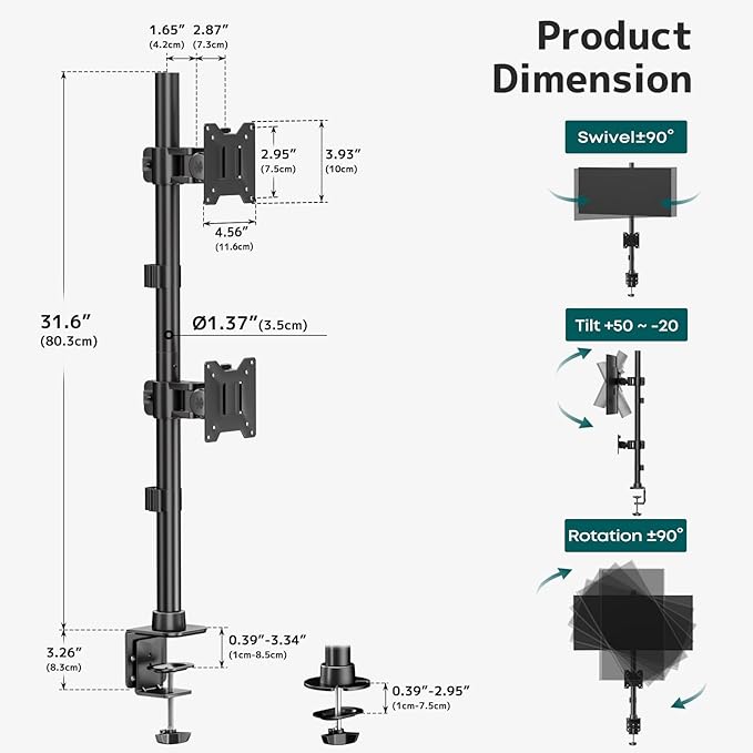 Dual Vertically Stacked Ultrawide Monitor Desk Mount 17-49 Inch - Extra Tall Heavy Duty Adjustable Monitor Arm for 2 monitores,Weight 2-20 kg per Arm,VESA 75/100 mm-DeskLoop Office
